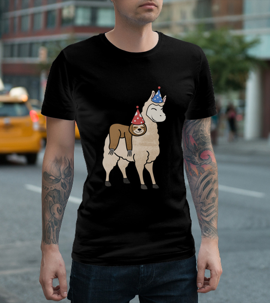 Llamazing Since 2008 Wild Sloth Riding Festive Party Hats T-Shirt