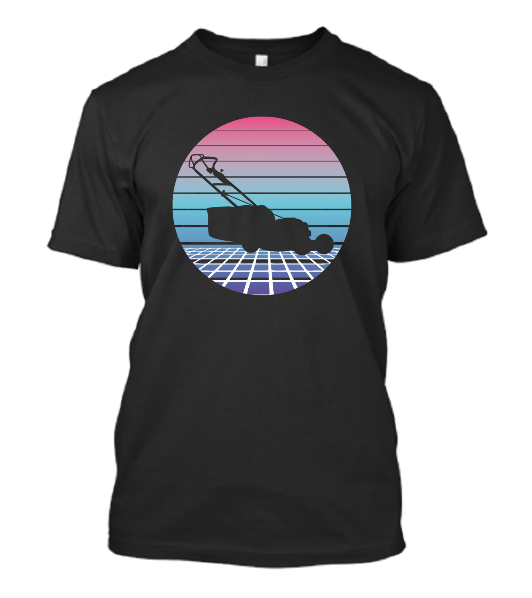 Retro Sunset Lawn Mower Silhouette Vaporwave Aesthetic Mowing Lawn T-Shirt