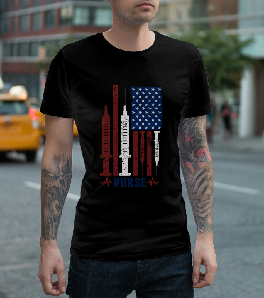 American Flag Syringe Nurse Patriotic USA T-Shirt
