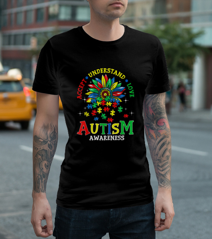 Accept Understand Love Autism Awareness Puzzle Pieces Flower T-Shirt