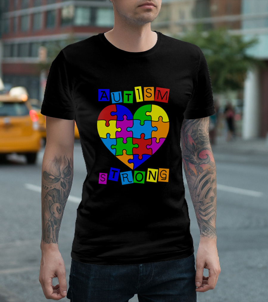 Autism Strong Colorful Puzzle Heart Autism Awareness T-Shirt