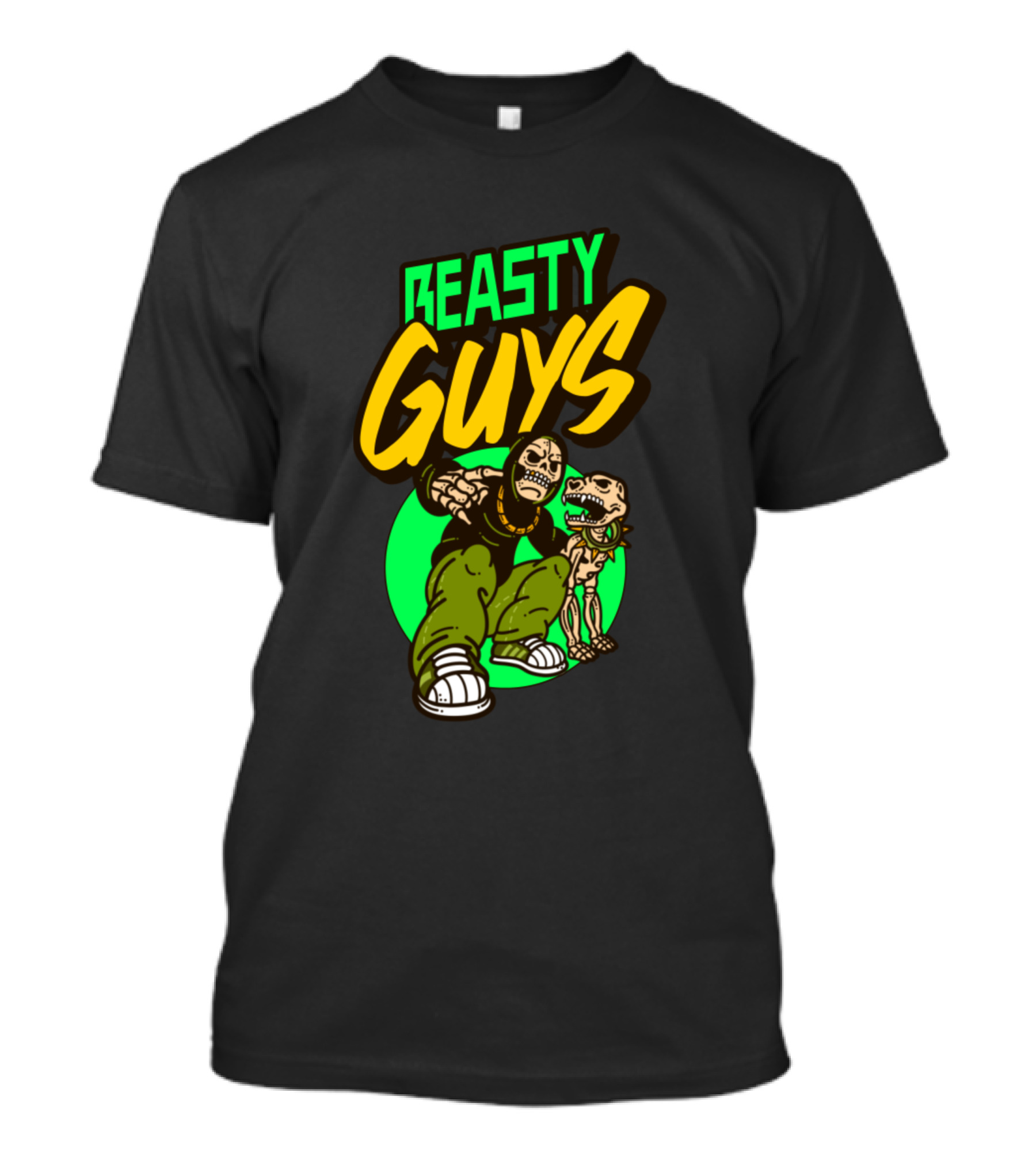 BEASTY GUYS Masked Character With Dog And Neon Green Circle T-Shirt