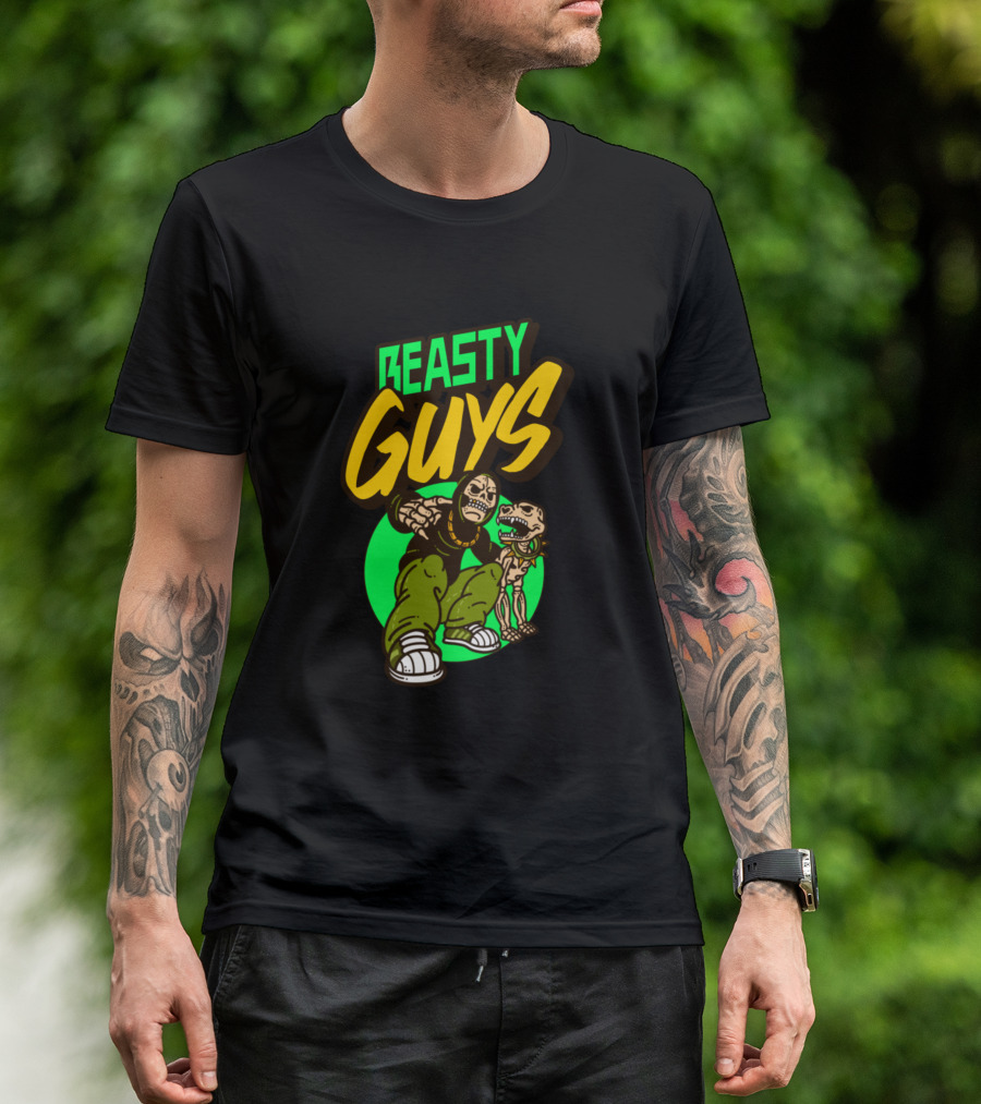 BEASTY GUYS Masked Character With Dog And Neon Green Circle T-Shirt
