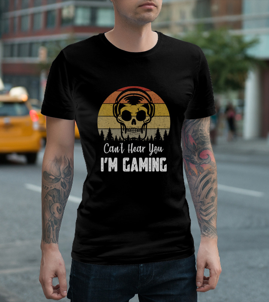 Can't Hear You I'm Gaming Skull Headphones Vintage Sunset T-Shirt