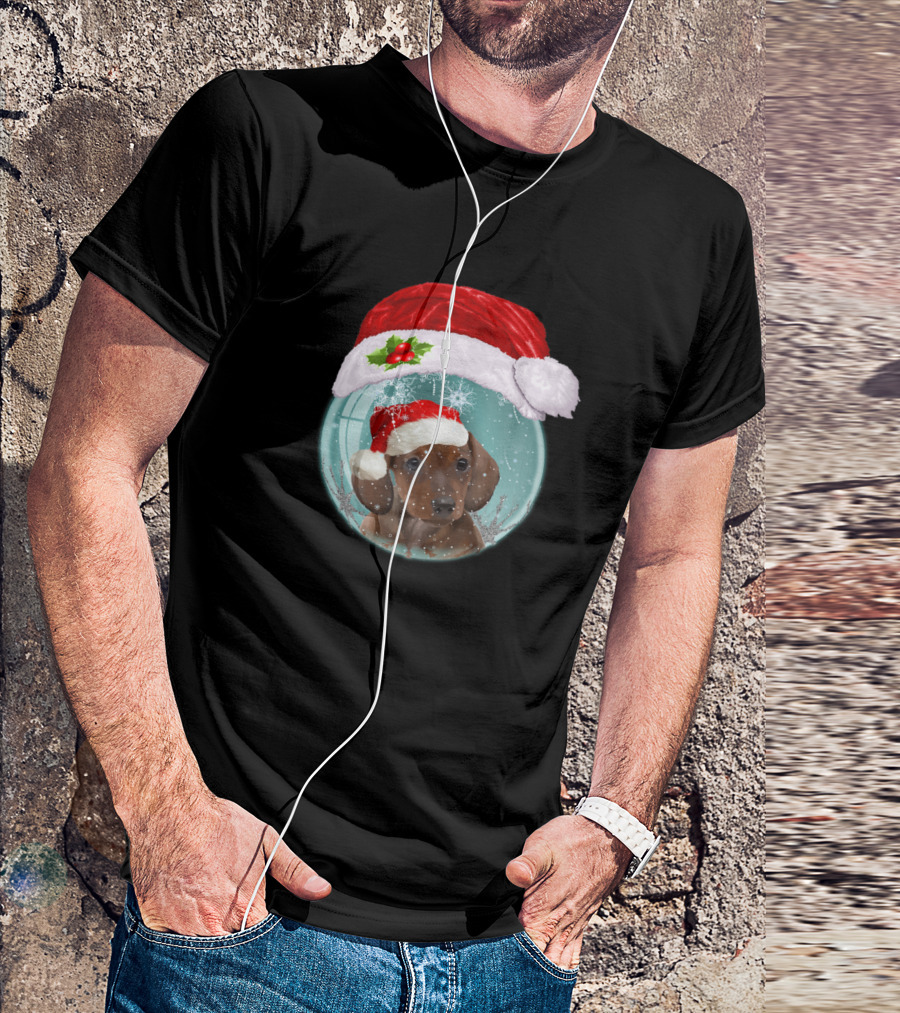Dachshund Puppy Cute Santa Hat Snow Globe Christmas T-Shirt
