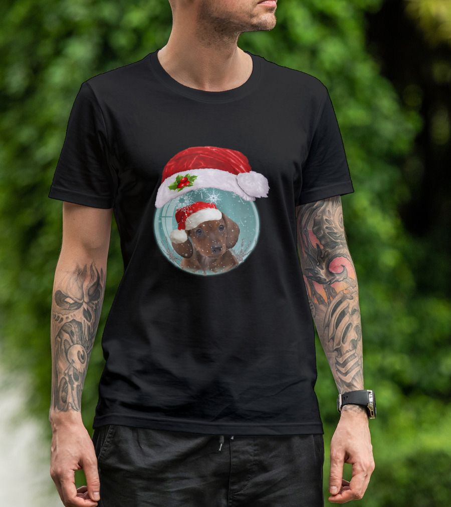 Dachshund Puppy Cute Santa Hat Snow Globe Christmas T-Shirt