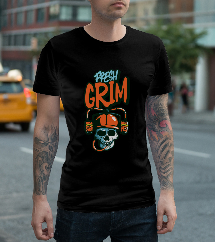 FRESH GRIM Skull With Headphones And Cap T-Shirt