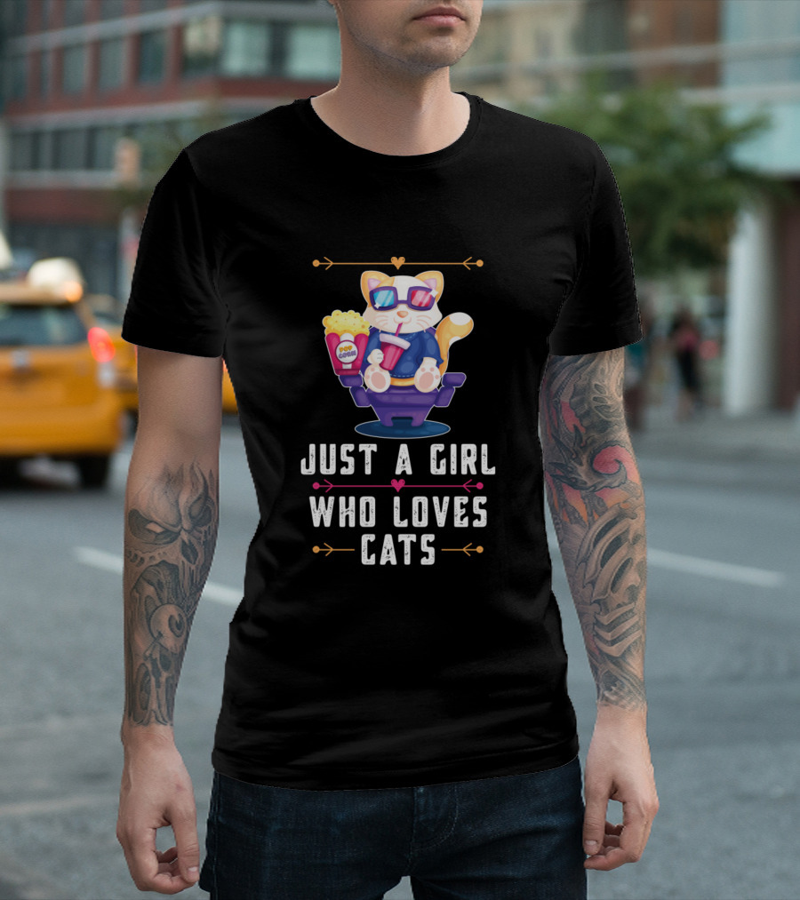 Just A Girl Who Loves Cats Funny Cat Meme with Popcorn and Drink T-Shirt