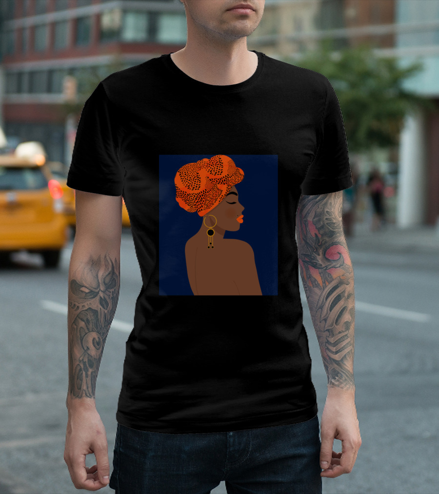 Melanin Beauty Side Profile with Orange Headwrap and Gold Earrings T-Shirt