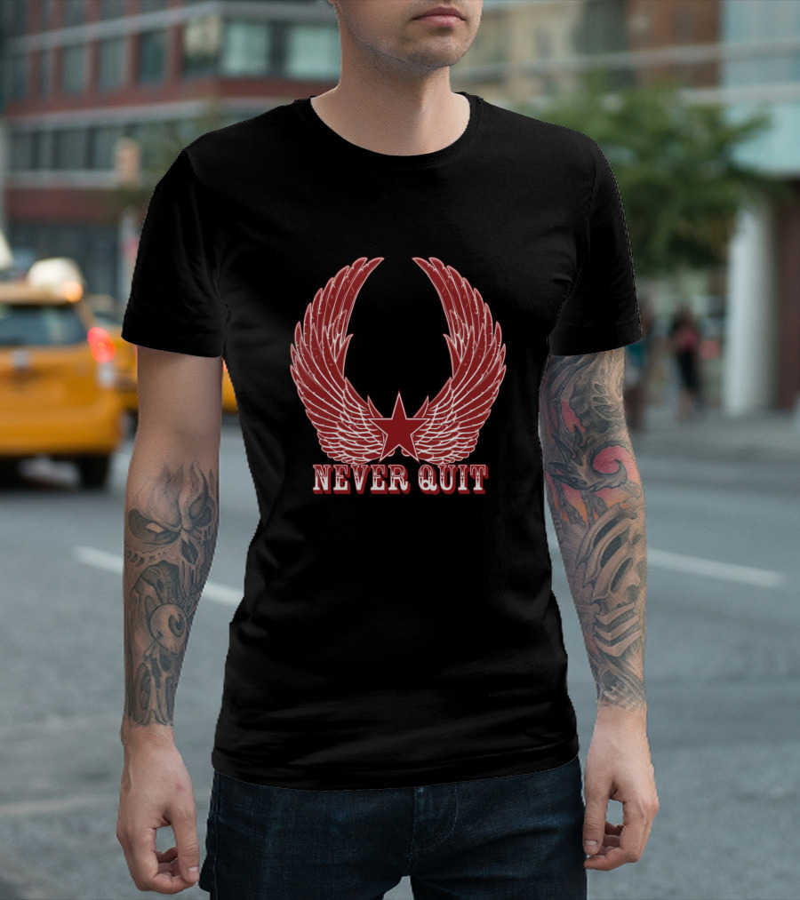 Never Quit Red Star and Wings Motivation Emblem T-Shirt