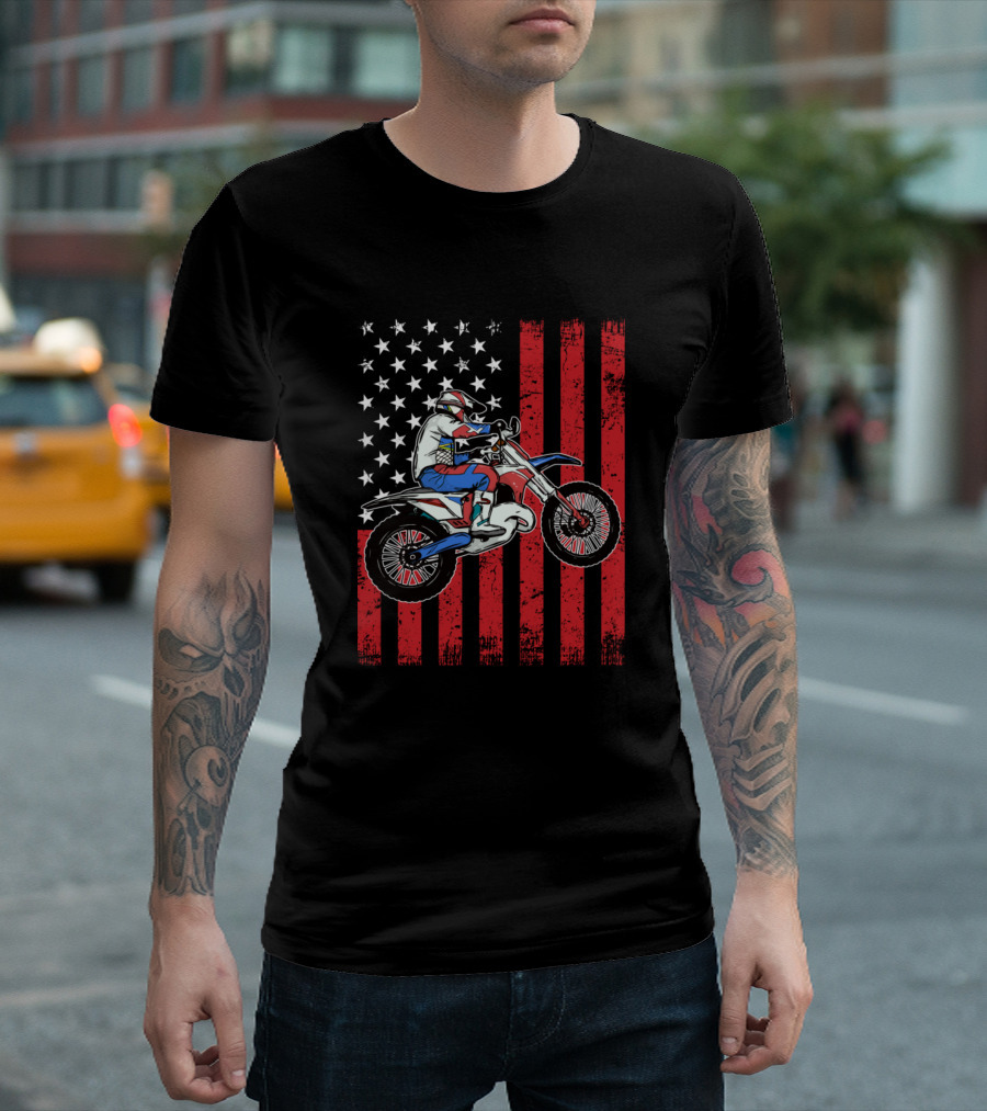 Patriotic Dirt Bike Rider with Distressed American Flag Background T-Shirt