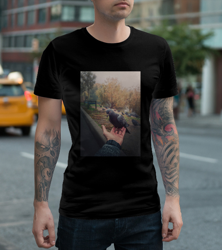Pigeon Rests on Hand with Park Pathway in Autumn Mist T-Shirt