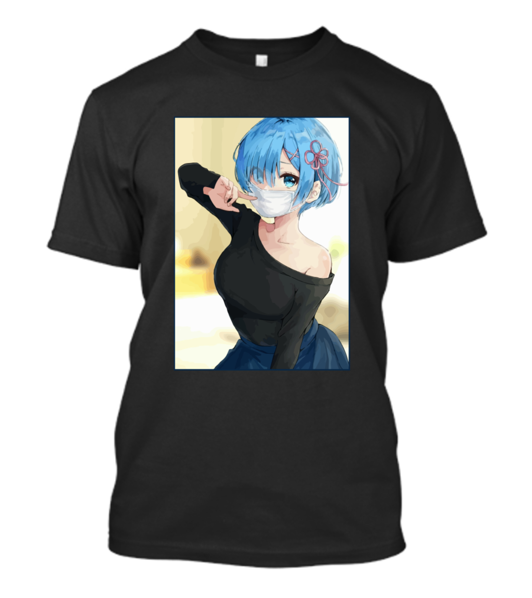 Re Zero Rem Anime Blue Hair Mask Flower Clip T-Shirt