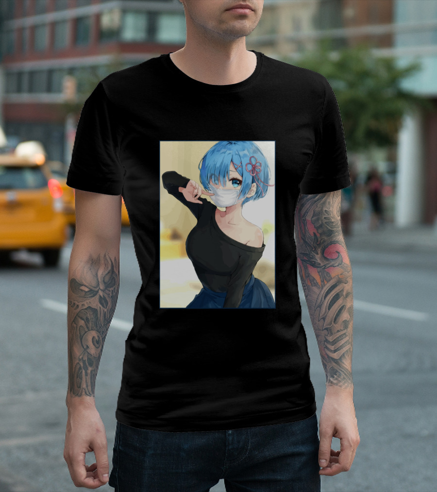 Re Zero Rem Anime Blue Hair Mask Flower Clip T-Shirt