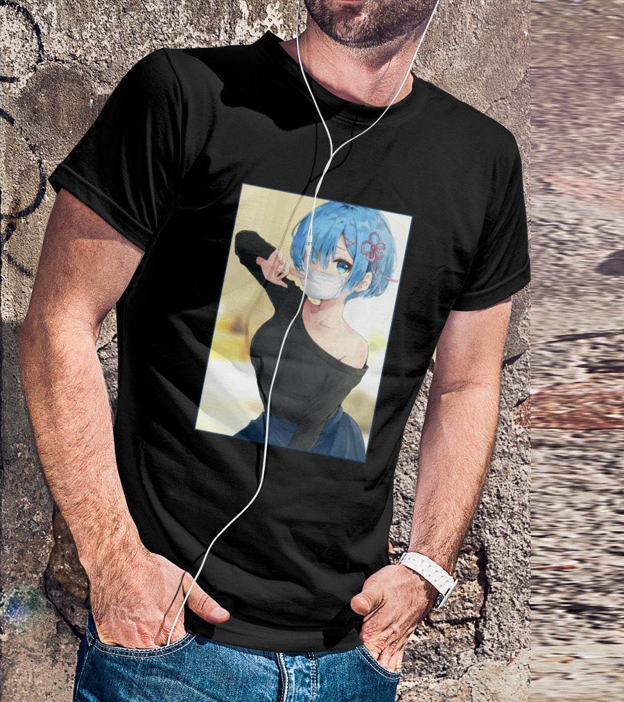 Re Zero Rem Anime Blue Hair Mask Flower Clip T-Shirt