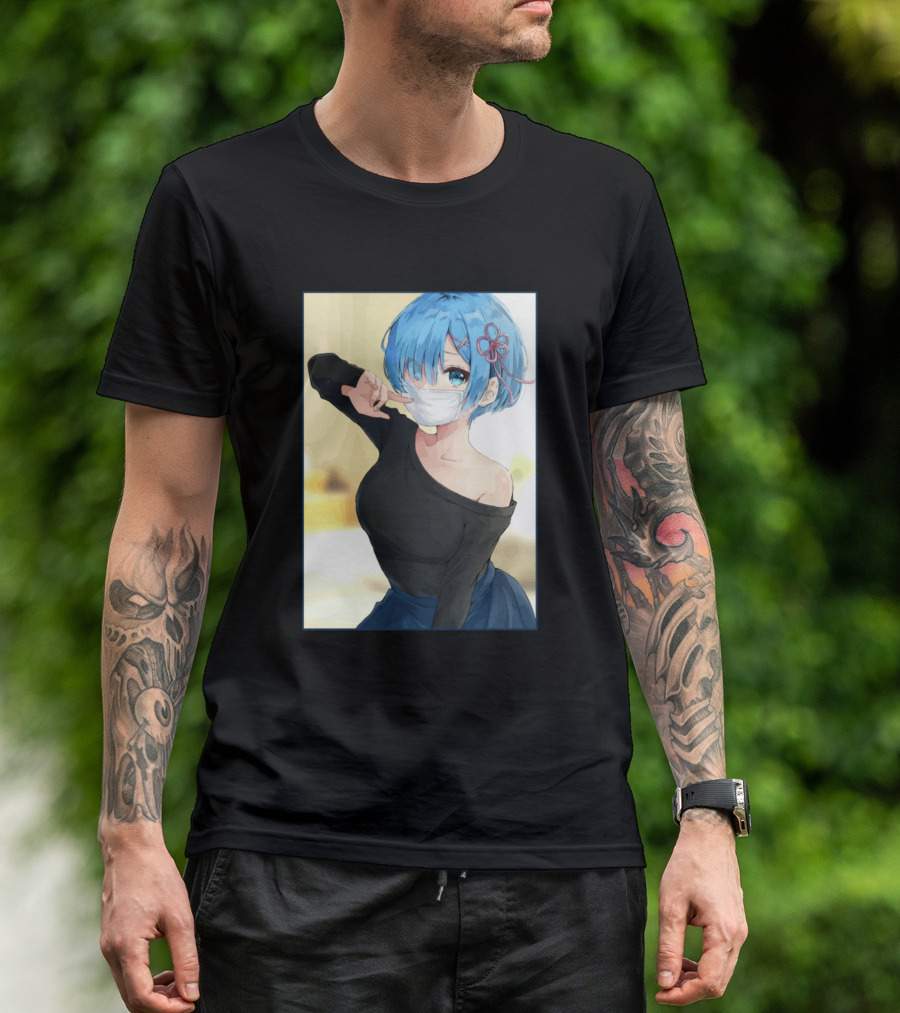 Re Zero Rem Anime Blue Hair Mask Flower Clip T-Shirt