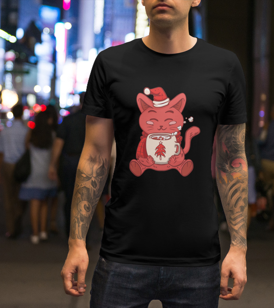 Santa Cat Cozy With Christmas Tree Cocoa Cup T-Shirt