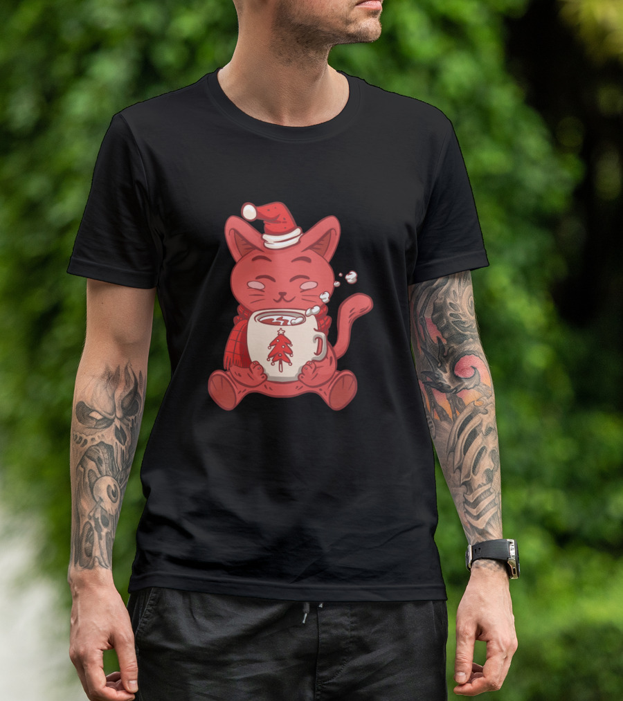 Santa Cat Cozy With Christmas Tree Cocoa Cup T-Shirt