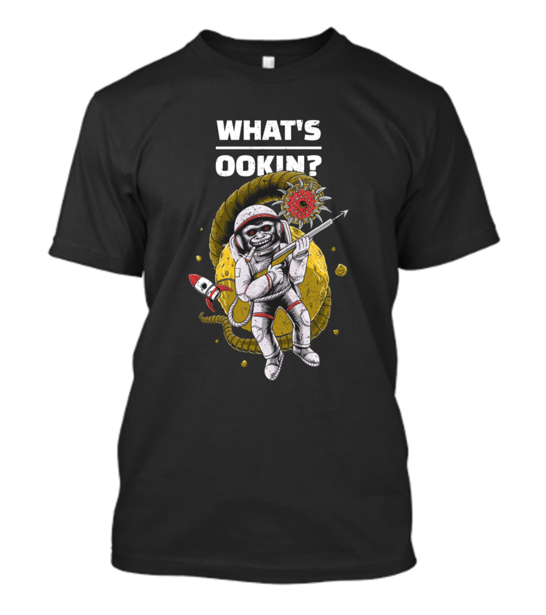 WHAT'S OOKIN Rocket Space Ape With Spear And Virus T-Shirt