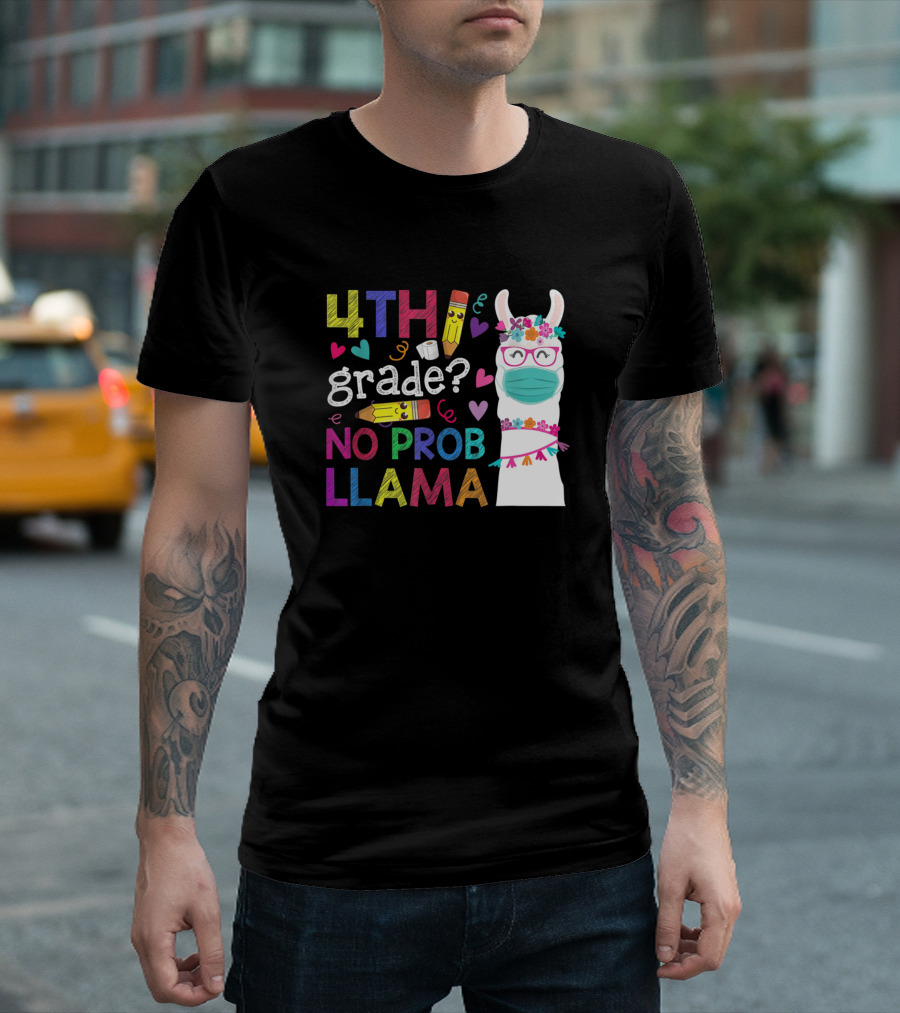 4Th Grade No Prob Llama with Mask and Colorful Hearts T-Shirt