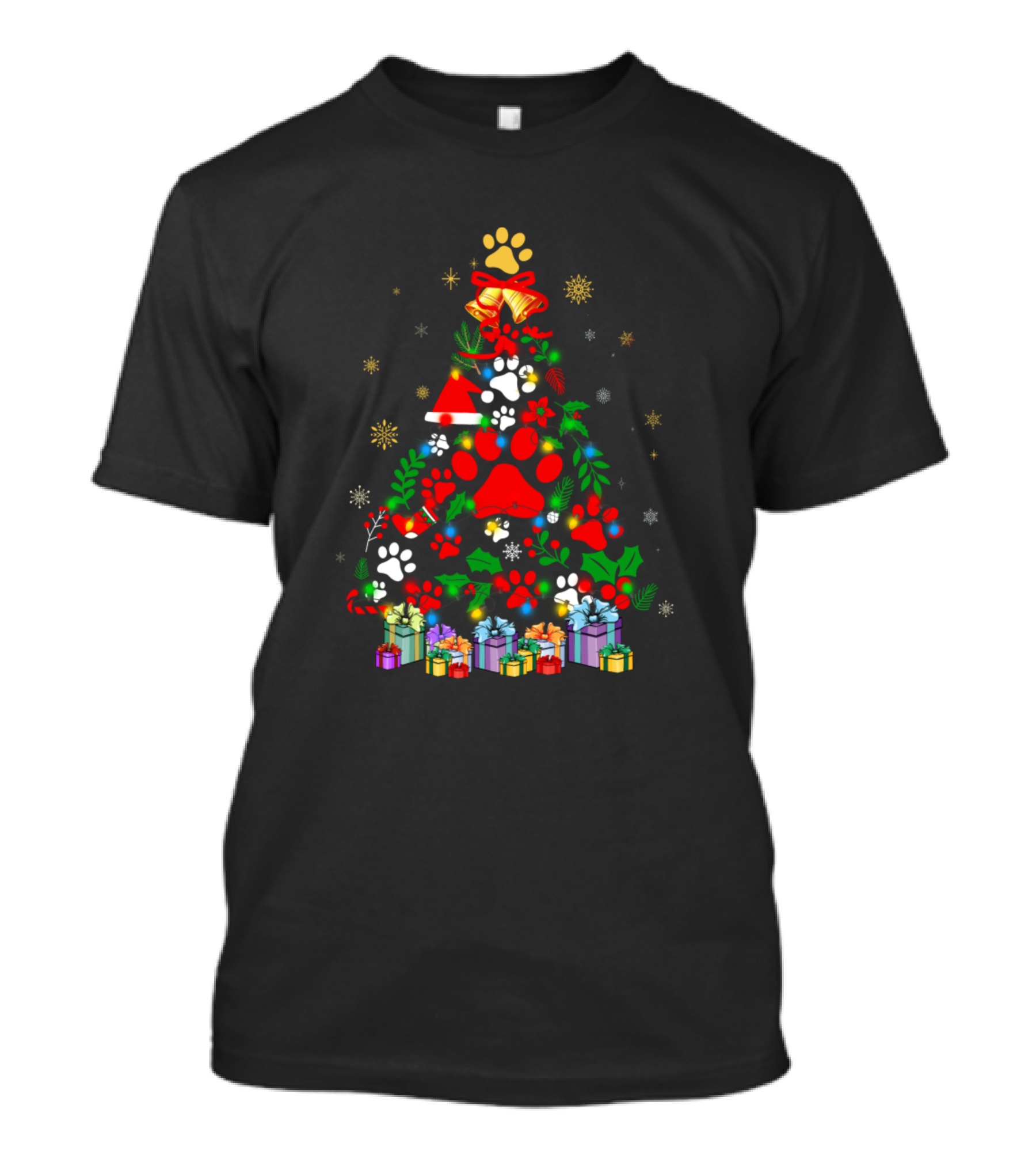 Dog Paw Christmas Tree With Santa Hat And Gift Boxes For Funny Christmas Party T-Shirt