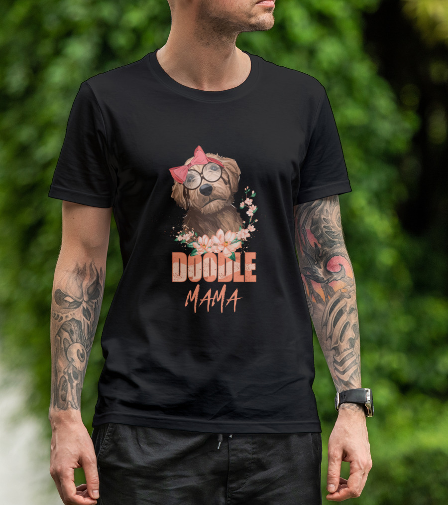 Doodle Mama Goldendoodle With Glasses And Bow Floral T-Shirt