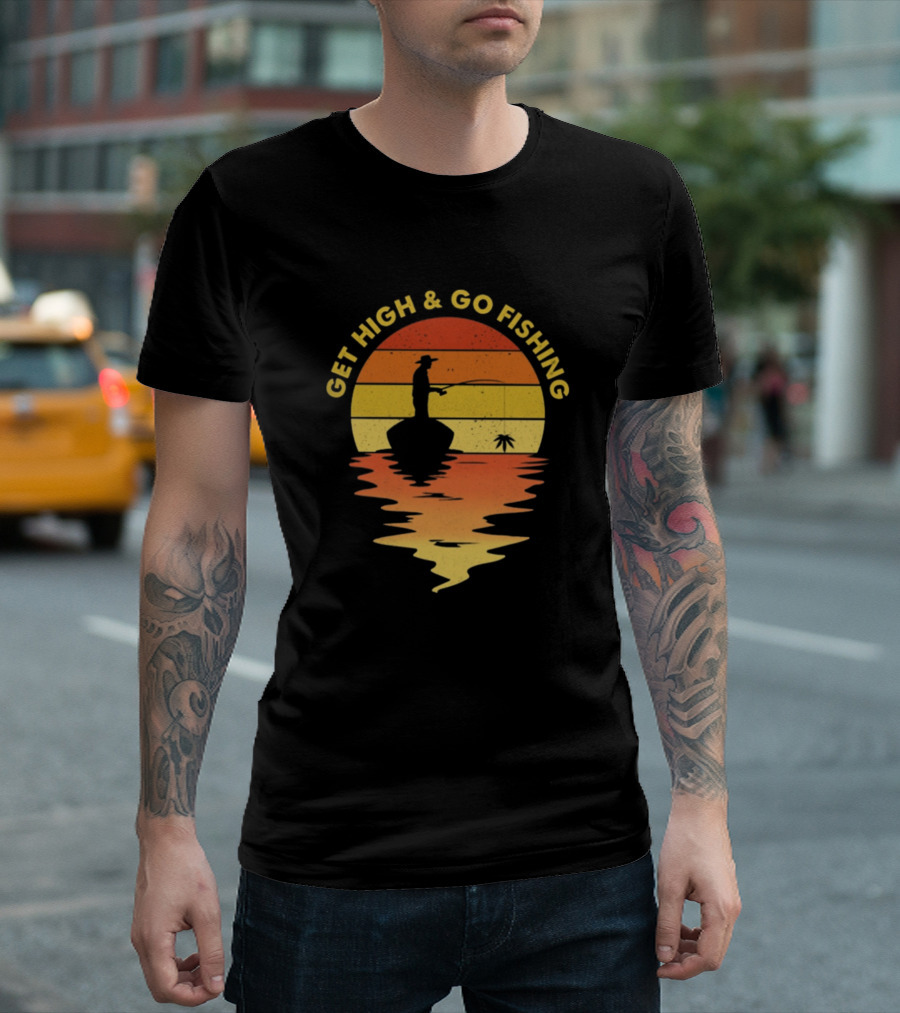 Get High and Go Fishing Sunset Silhouette with Palm Tree and Boat T-Shirt