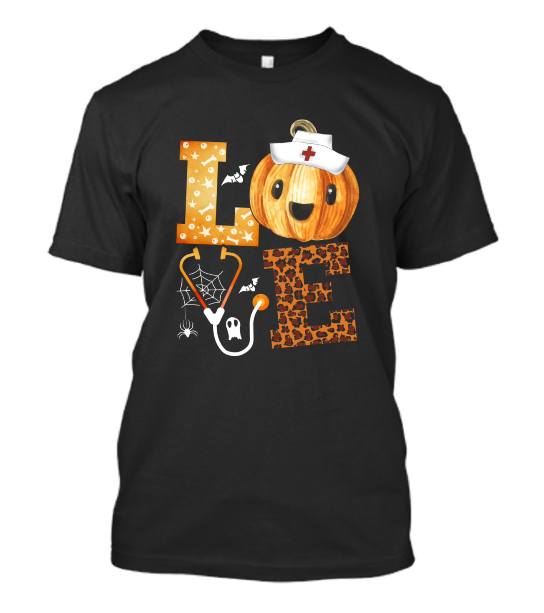 LOVE Nurse Pumpkin Halloween Stethoscope Spider-Web Ghost Bat Leopard T-Shirt