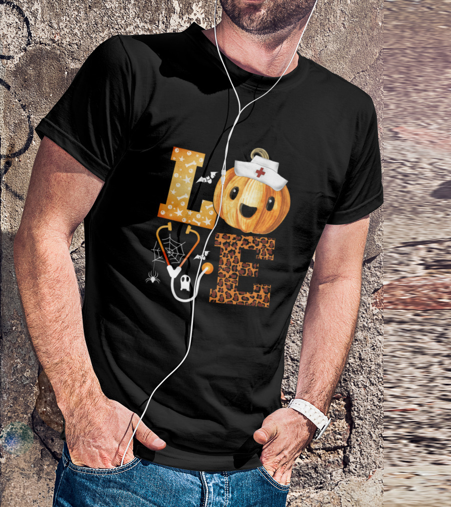 LOVE Nurse Pumpkin Halloween Stethoscope Spider-Web Ghost Bat Leopard T-Shirt