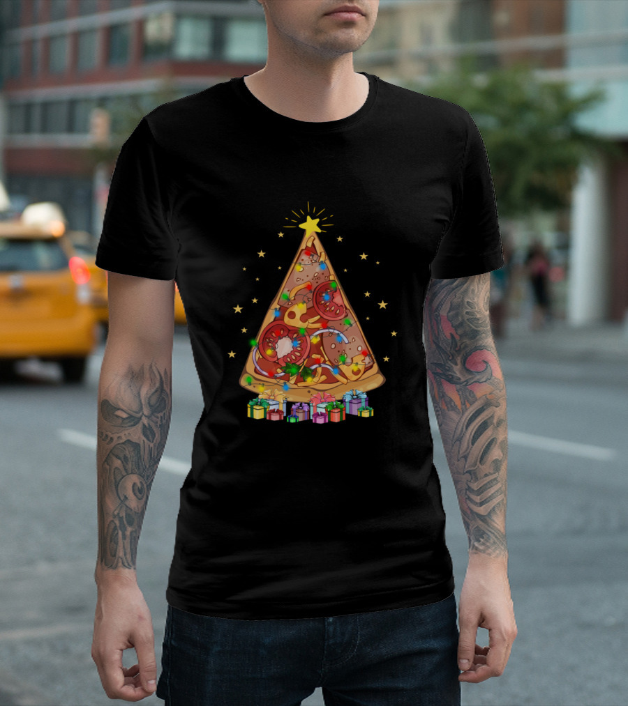 Pizza Christmas Tree Slice Funny Christmas Pizza With Gifts And Stars T-Shirt