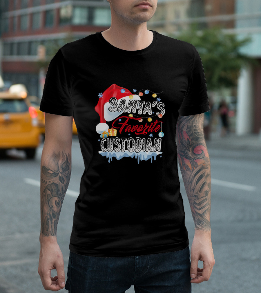 Santa's Favorite Custodian Funny Christmas Xmas Cel Santa Hat Lights Gifts Snowflakes T-Shirt