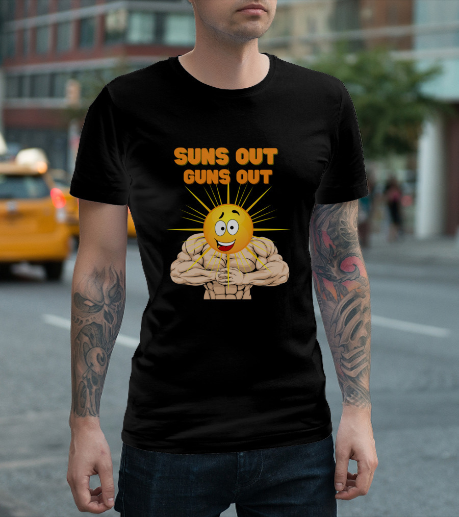 Suns Out Guns Out Muscles Summer Funny Gym Rat Sun Emoji Muscular Bodybuilder T-Shirt