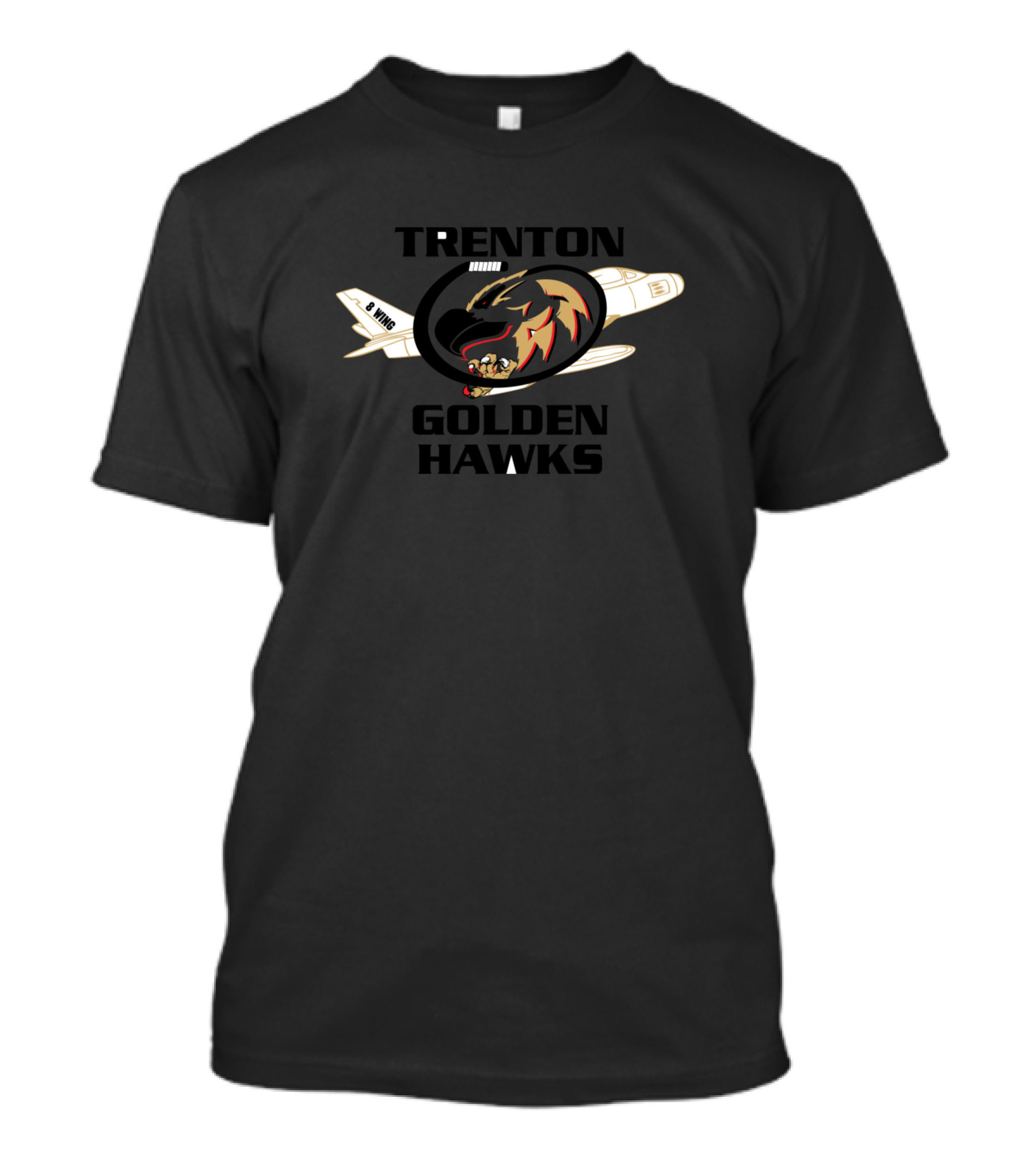 Trenton Golden Hawks OJHL Hockey Team Logo Crest With Airplane And Hawk Graphics T-Shirt