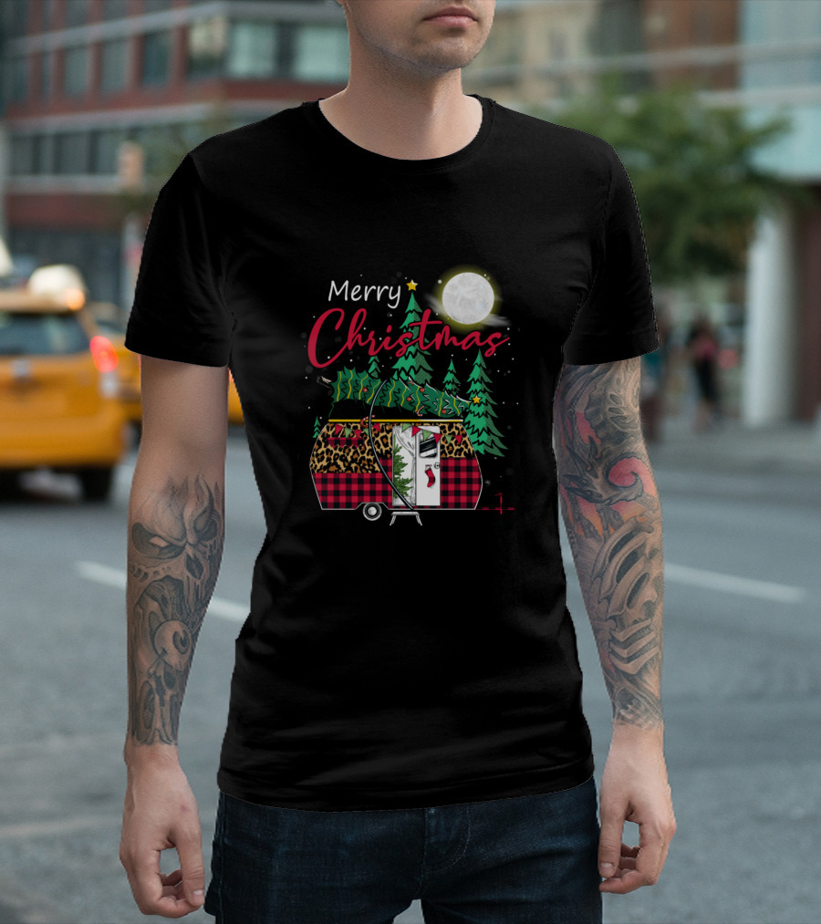 Merry Christmas Truck Camper Moon and Trees T-Shirt