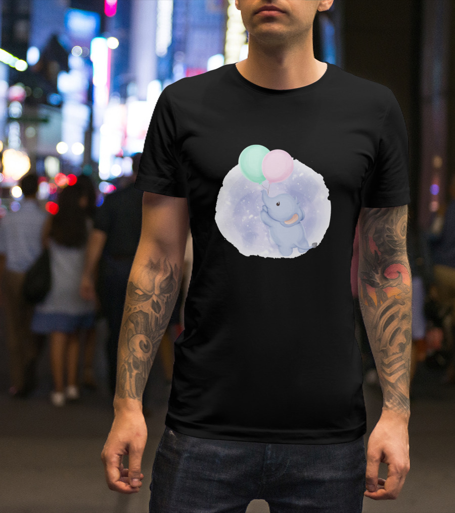 Baby Elephant Flying With Pastel Balloons In Dreamy Night Sky T-Shirt