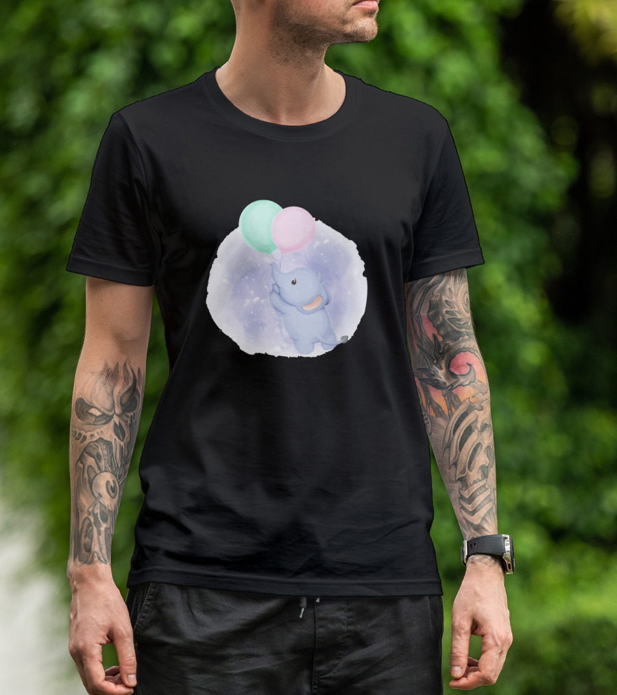 Baby Elephant Flying With Pastel Balloons In Dreamy Night Sky T-Shirt