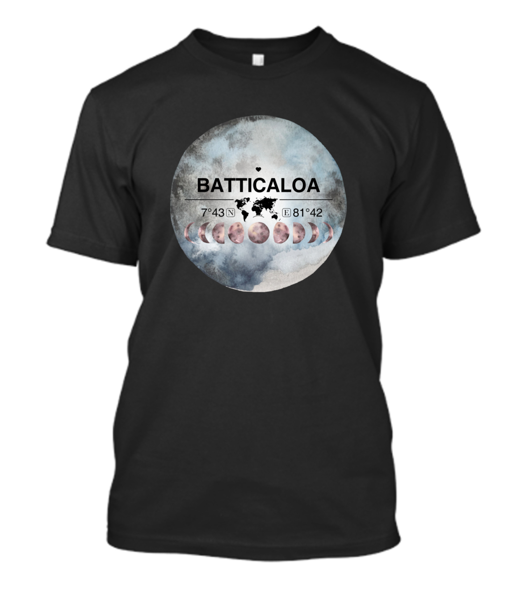 Batticaloa Sri Lanka Watercolor 7°43'N 81°42'E With Moon Phases And World Map T-Shirt