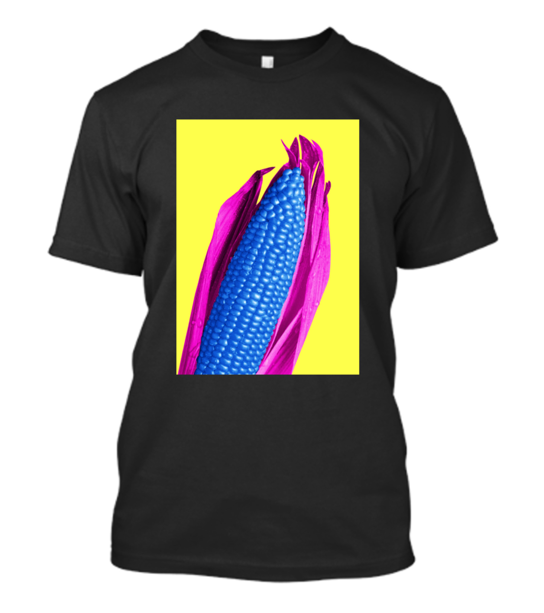 Corn Blue Kernels Pink Husks Yellow Background T-Shirt