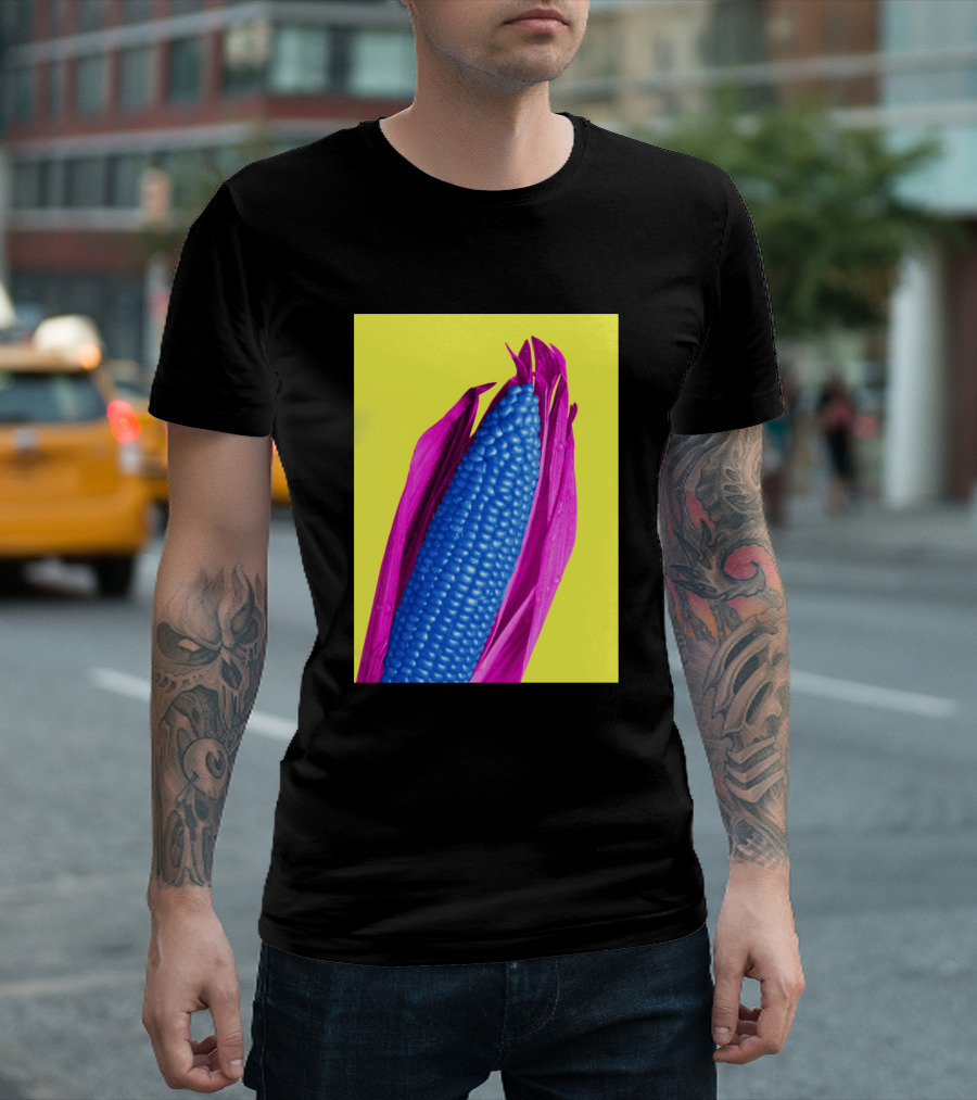 Corn Blue Kernels Pink Husks Yellow Background T-Shirt