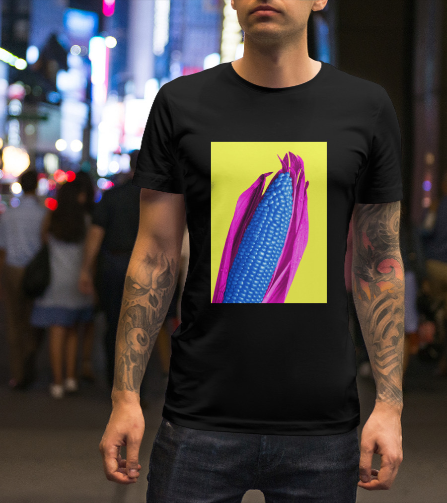 Corn Blue Kernels Pink Husks Yellow Background T-Shirt
