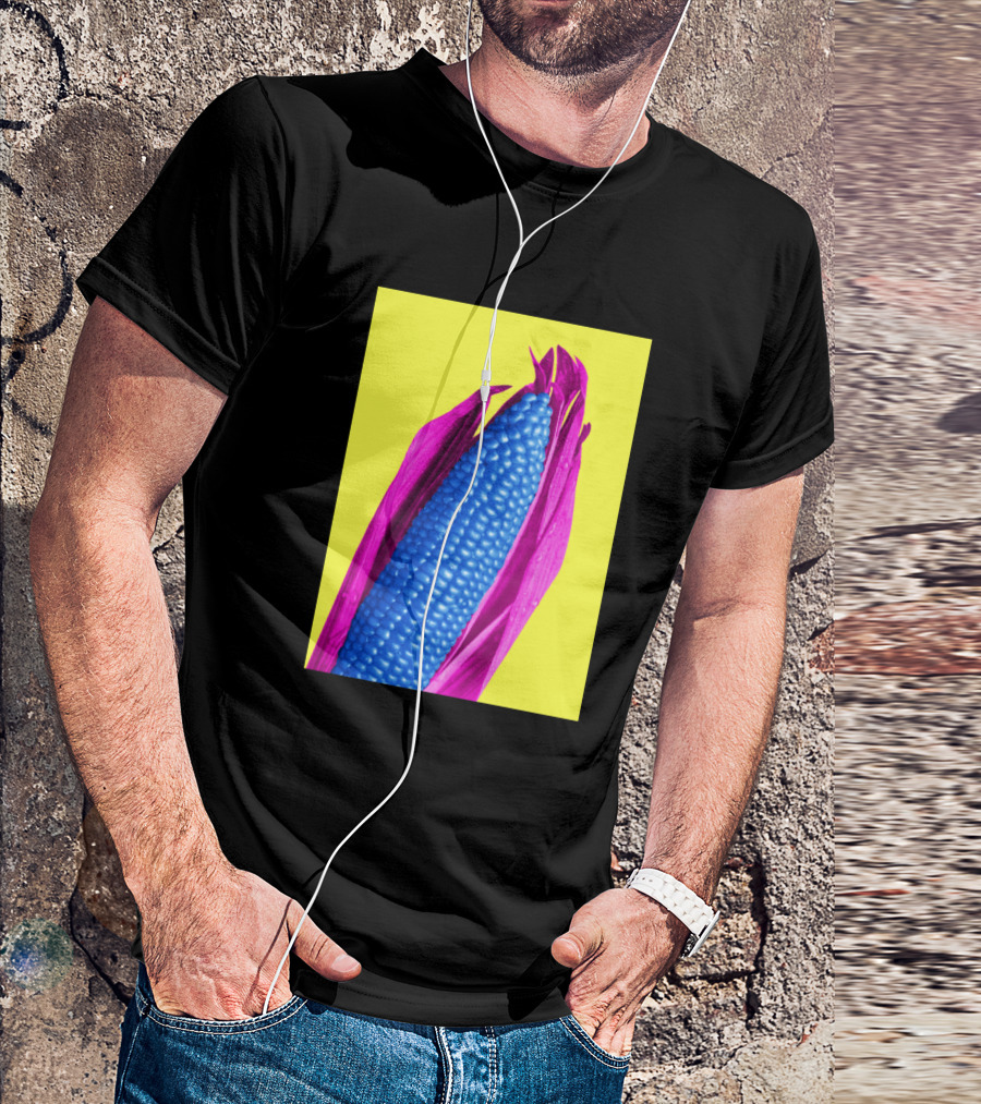 Corn Blue Kernels Pink Husks Yellow Background T-Shirt
