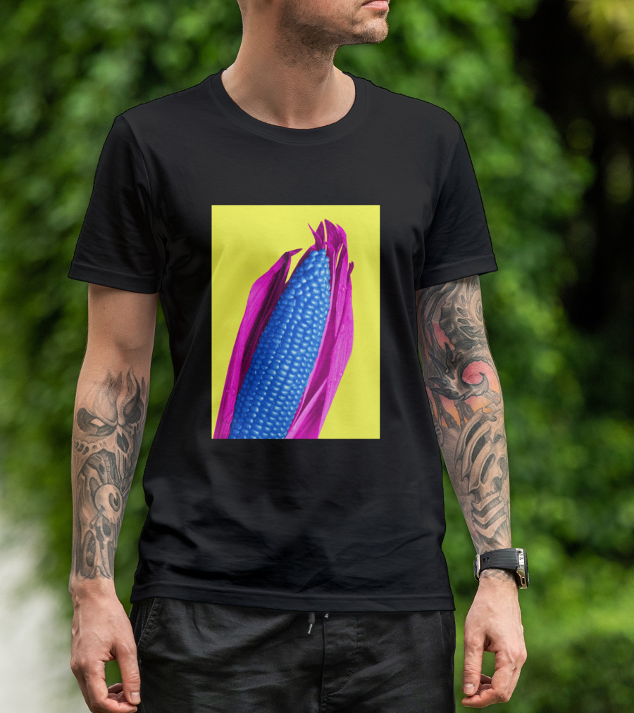 Corn Blue Kernels Pink Husks Yellow Background T-Shirt