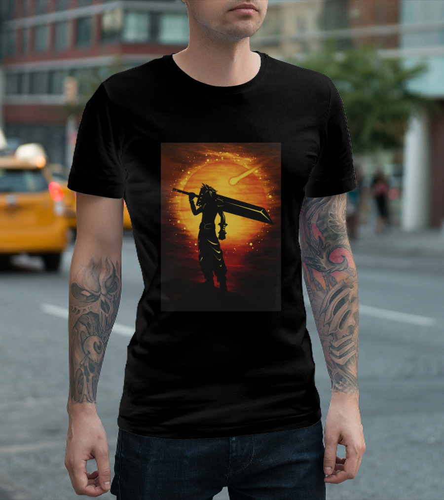 Final Fantasy 7 Cloud Strife Silhouette Against Meteor Sunset Background T-Shirt