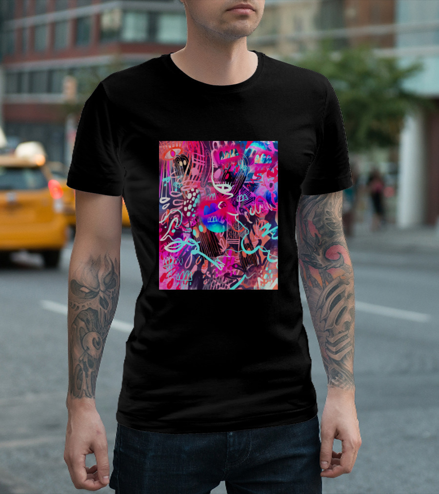 Fluorescent Depths Neon Abstract Faces and Eyes Collage T-Shirt