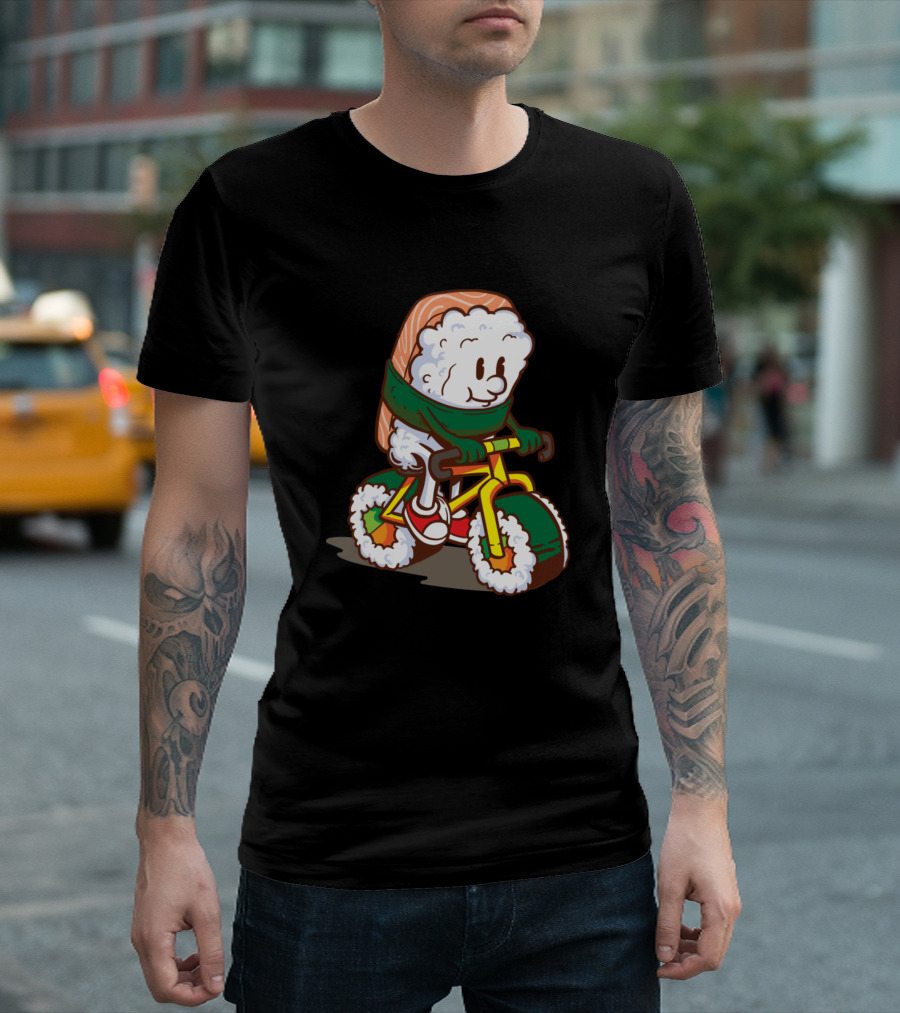 Japanese Cute Sushi Character Riding Bicycle Asian Cuisine Fun Concept T-Shirt