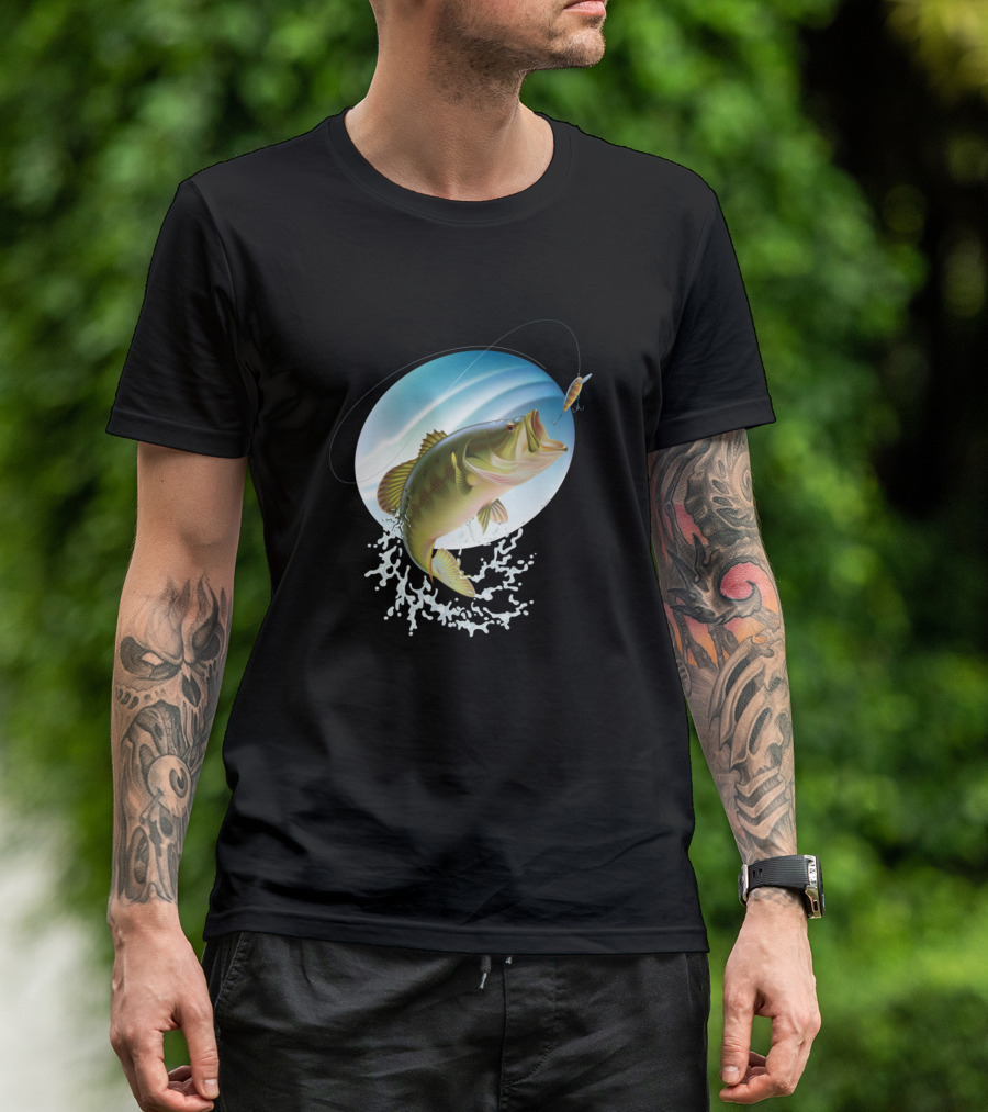 Large Mouth Bass Jumping For Lure Fishing Scene T-Shirt