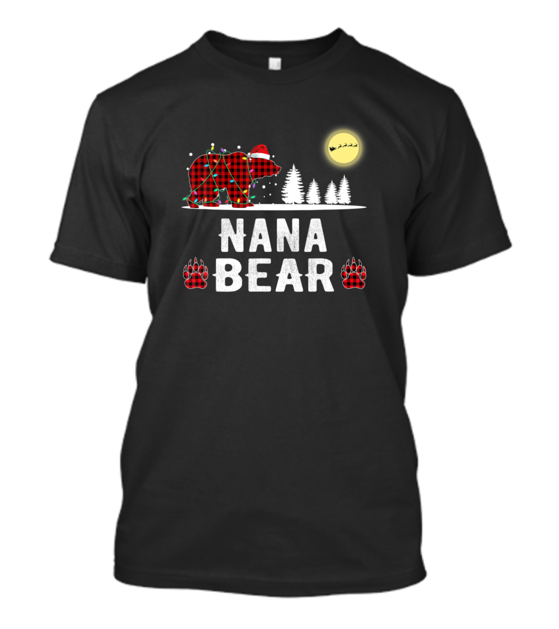 Nana Bear Christmas Red Plaid Buffalo Santa Sleigh Pines Paw Prints T-Shirt