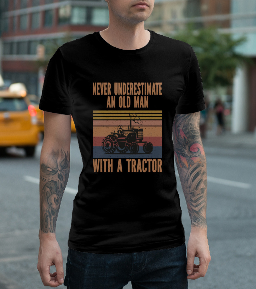 Never Underestimate An Old Man With A Tractor Retro T-Shirt