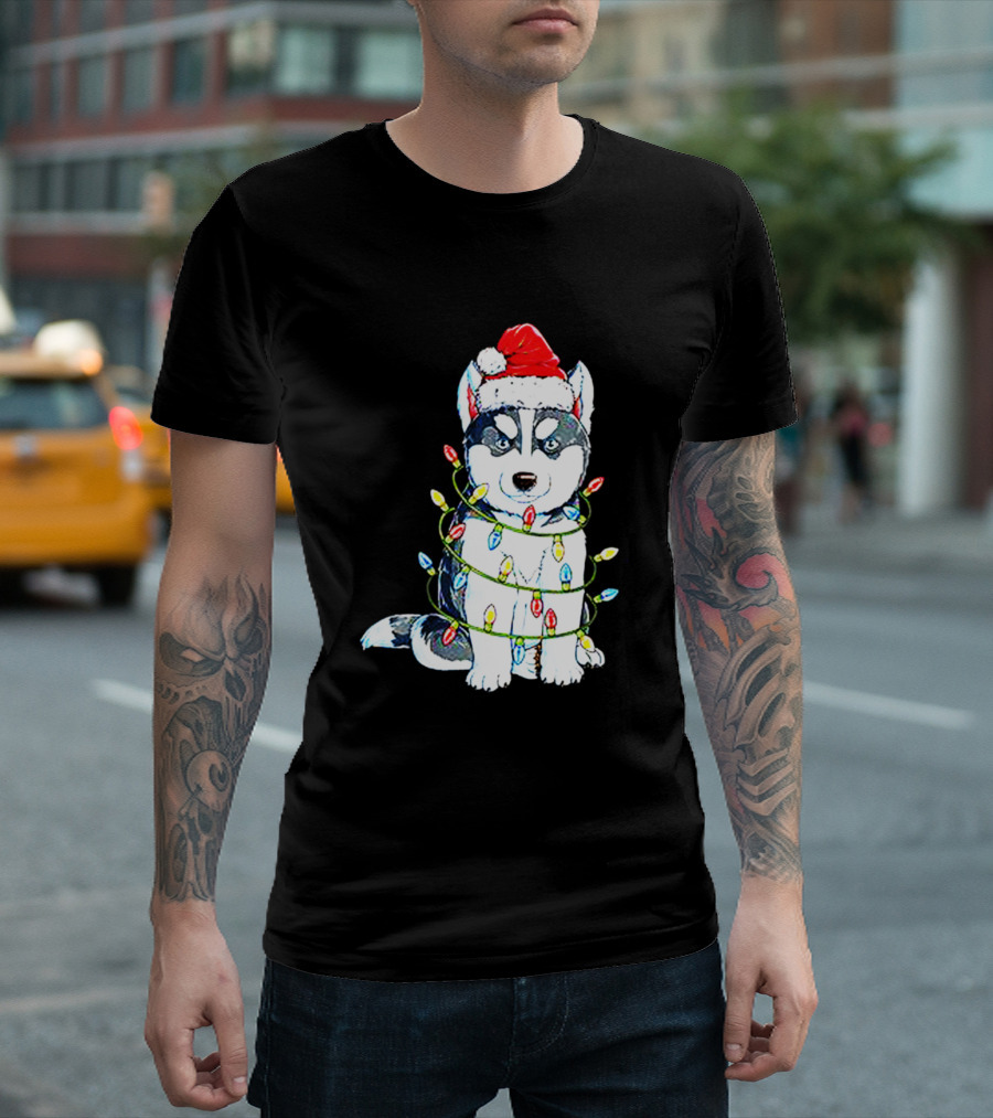 Siberian Husky Santa Hat Christmas Lights T-Shirt