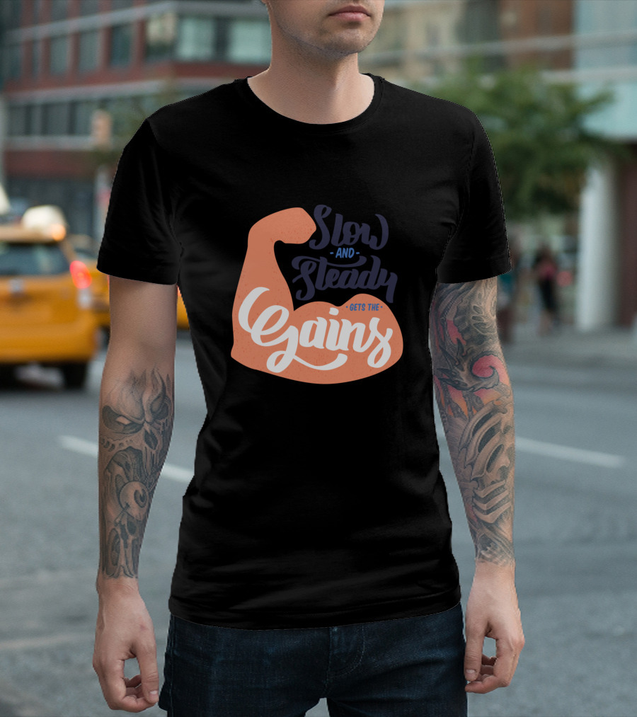 Slow And Steady Gets the Gains Muscular Arm Motif T-Shirt